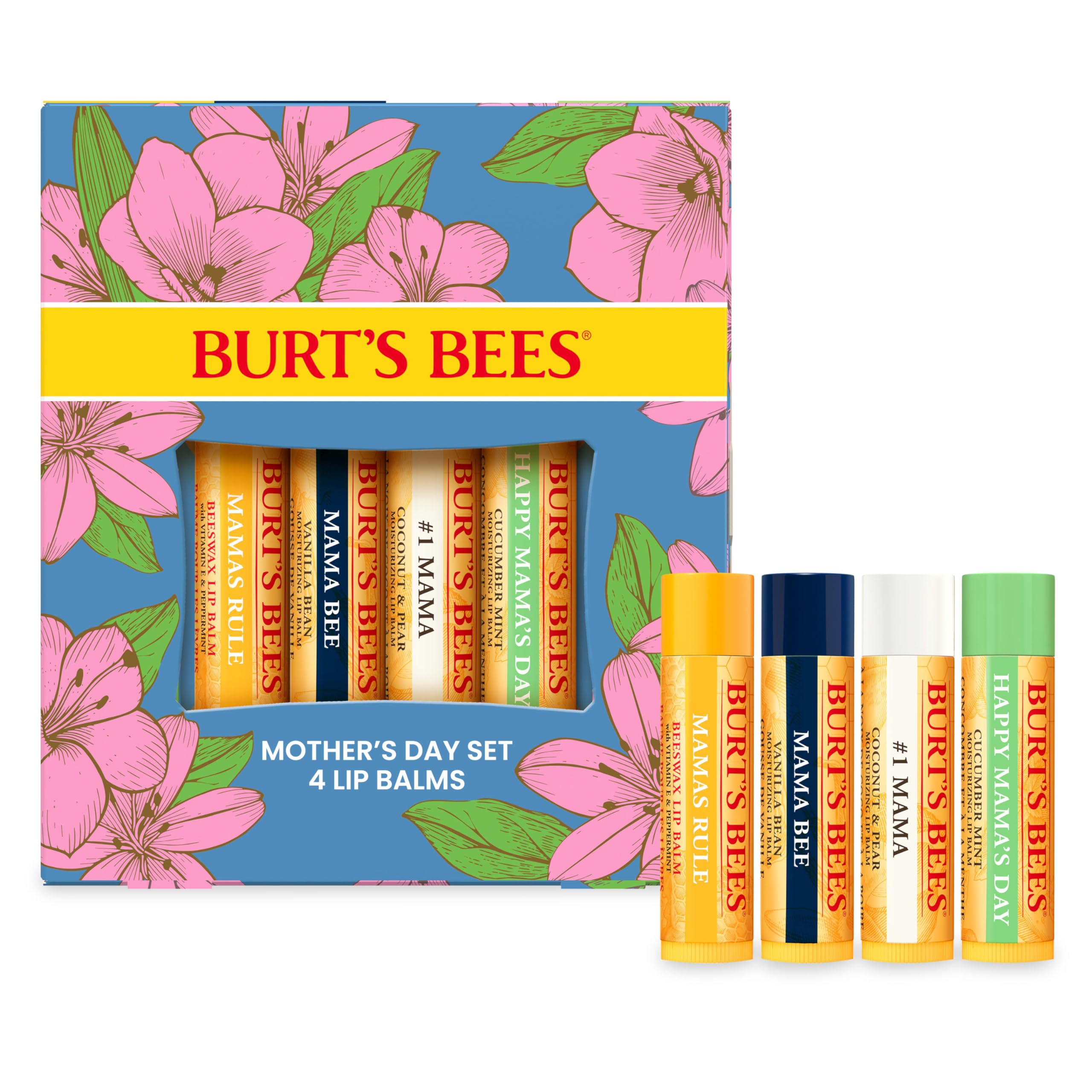 Burt's Bees Gifts Ideas - In Full Bloom Lip Balm Set, Original Beeswax, Dragonfruit Lemon, Tropical Pineapple & Strawberry, Natural Origin Lip Treatment, 4 Tubes, 0.15 oz.