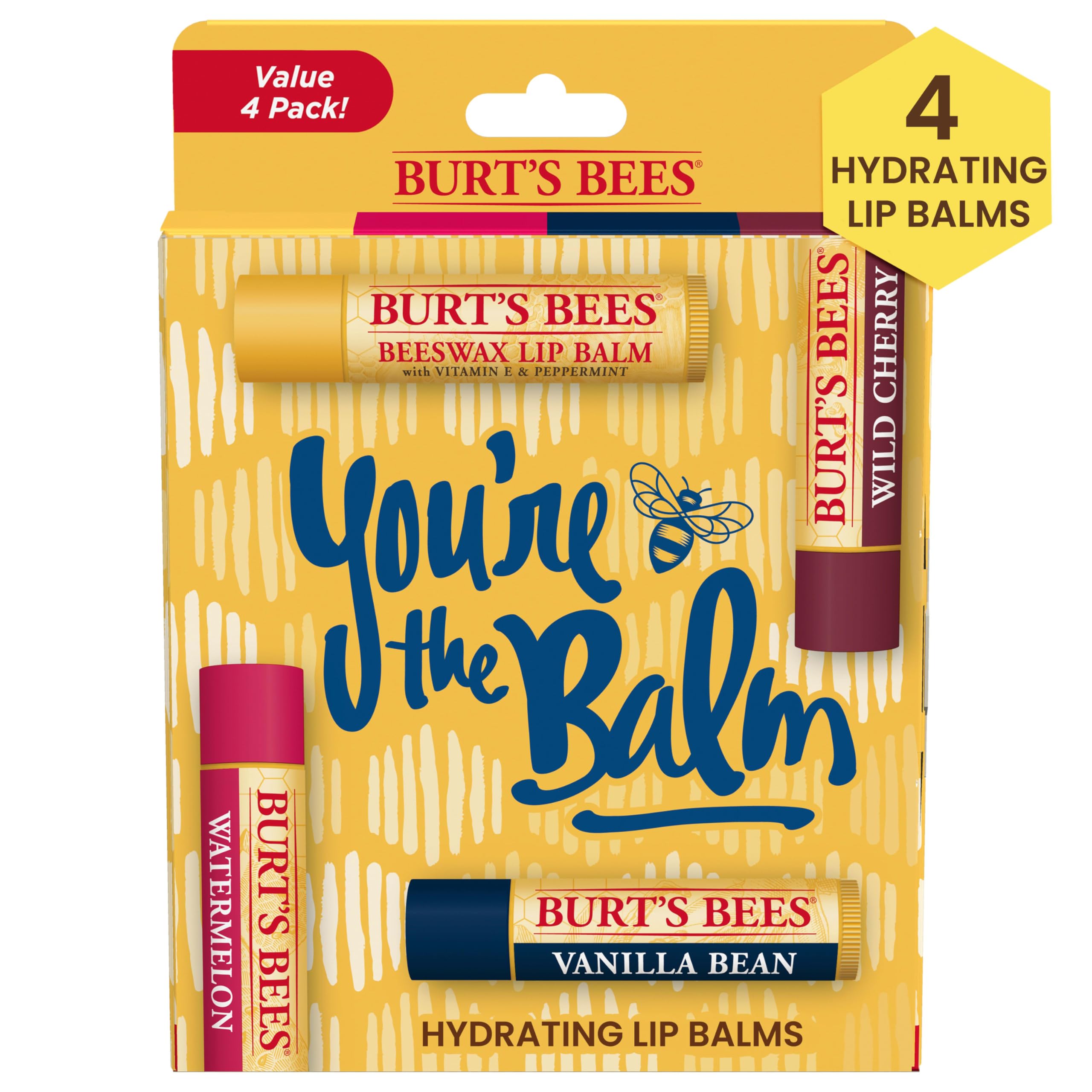 Burt's Bees Gifts Ideas - In Full Bloom Lip Balm Set, Original Beeswax, Dragonfruit Lemon, Tropical Pineapple & Strawberry, Natural Origin Lip Treatment, 4 Tubes, 0.15 oz.