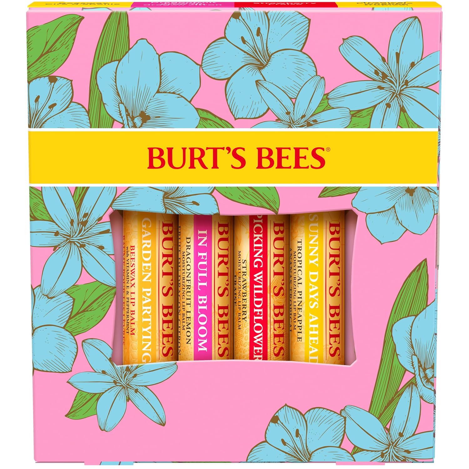 Burt's Bees Gifts Ideas - In Full Bloom Lip Balm Set, Original Beeswax, Dragonfruit Lemon, Tropical Pineapple & Strawberry, Natural Origin Lip Treatment, 4 Tubes, 0.15 oz.