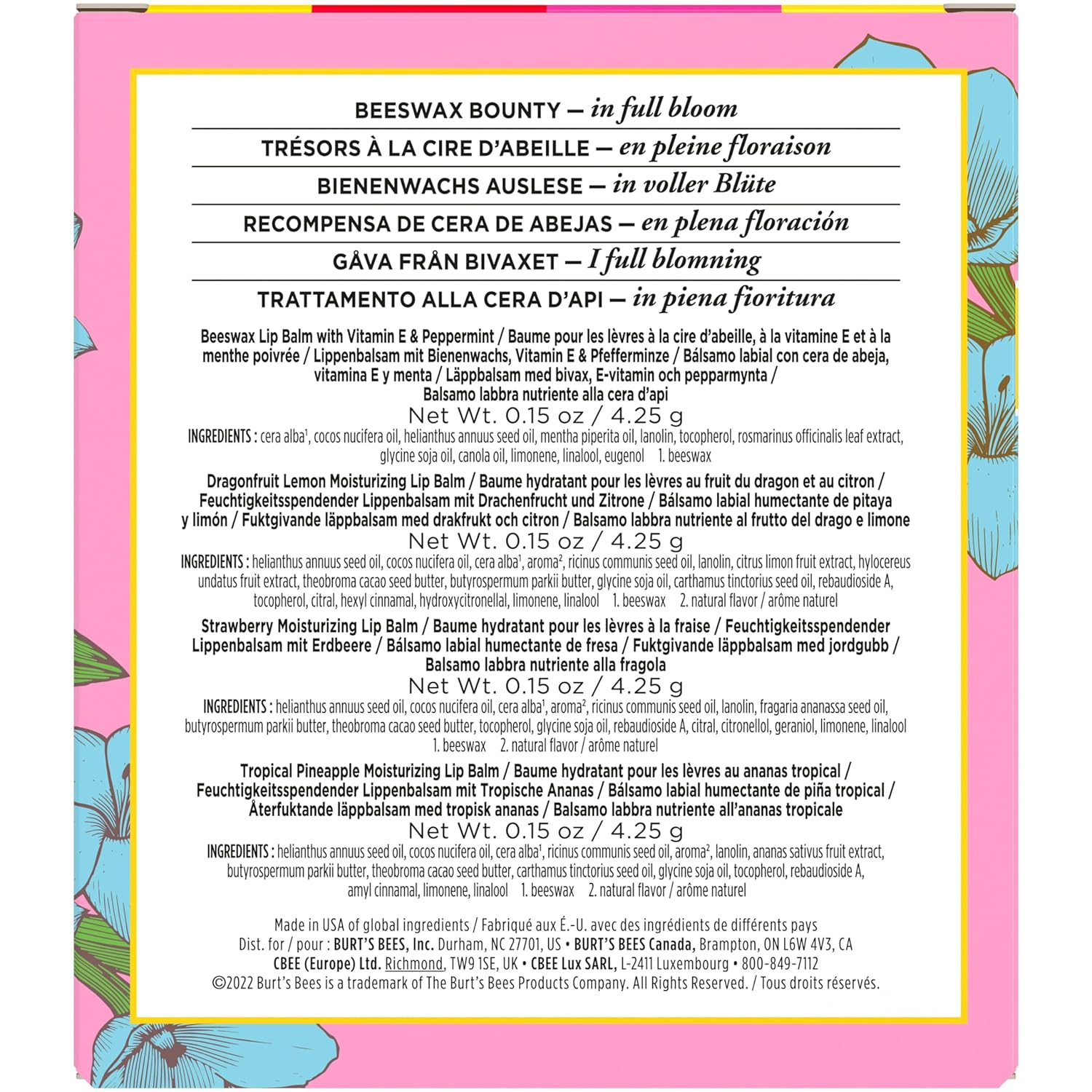 Burt's Bees Gifts Ideas - In Full Bloom Lip Balm Set, Original Beeswax, Dragonfruit Lemon, Tropical Pineapple & Strawberry, Natural Origin Lip Treatment, 4 Tubes, 0.15 oz.