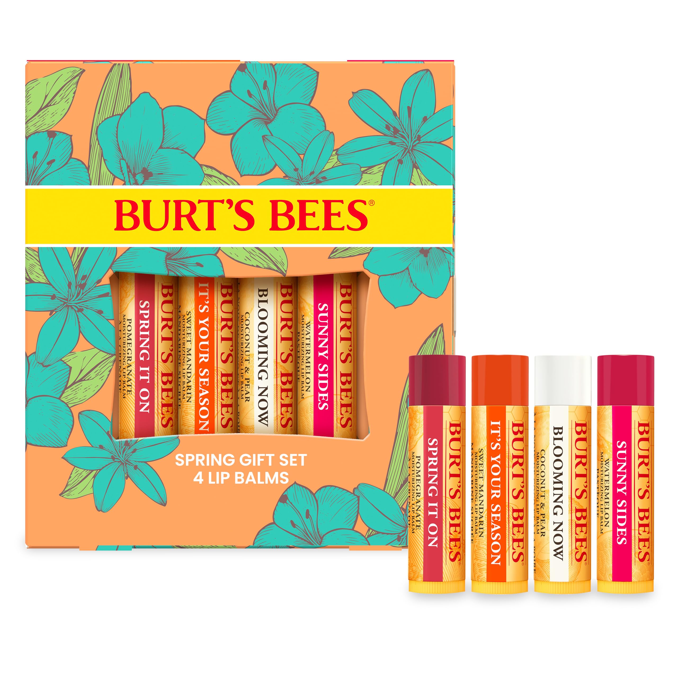 Burt's Bees Gifts Ideas - In Full Bloom Lip Balm Set, Original Beeswax, Dragonfruit Lemon, Tropical Pineapple & Strawberry, Natural Origin Lip Treatment, 4 Tubes, 0.15 oz.