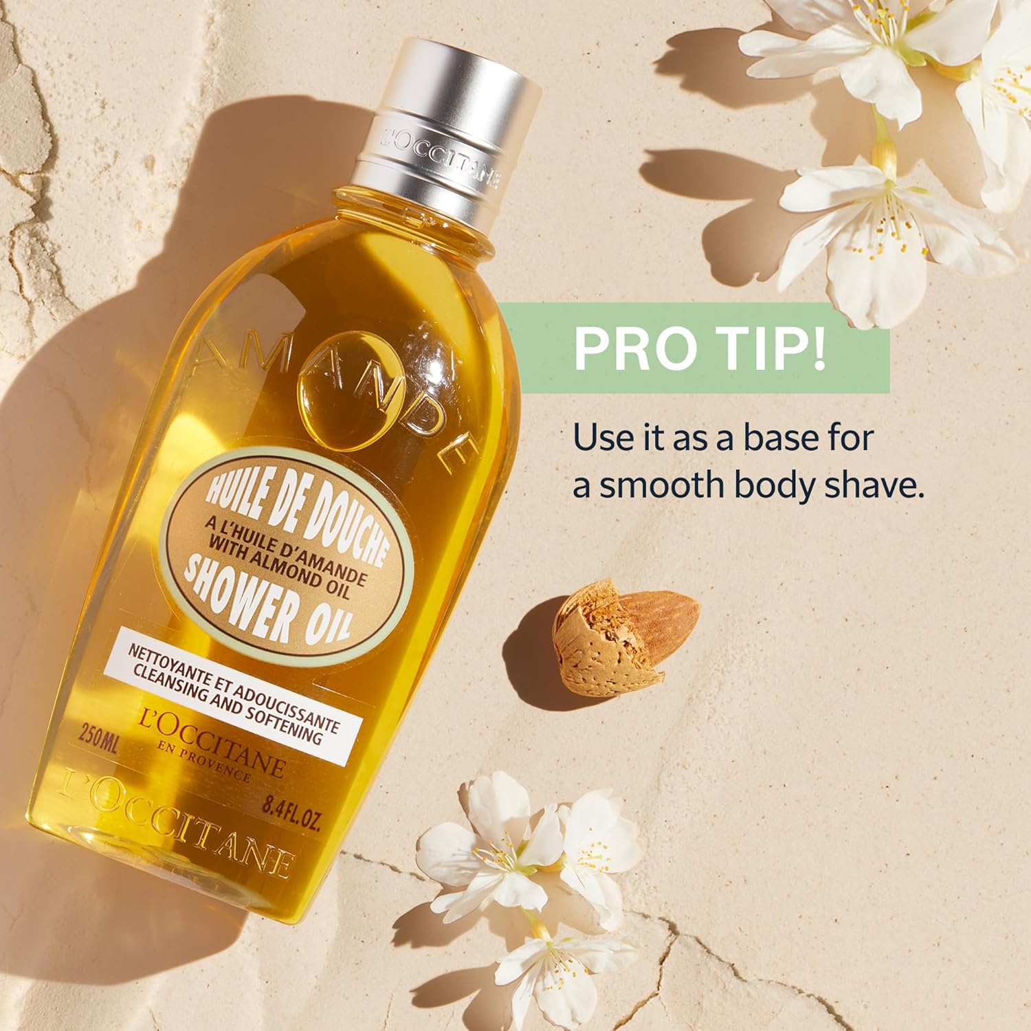 L'OCCITANE Cleansing & Softening Almond Shower Oil, Body Wash & Shaving Base Purifies & Smooths Without Drying Skin, Milky Lather, Nourishing Skincare