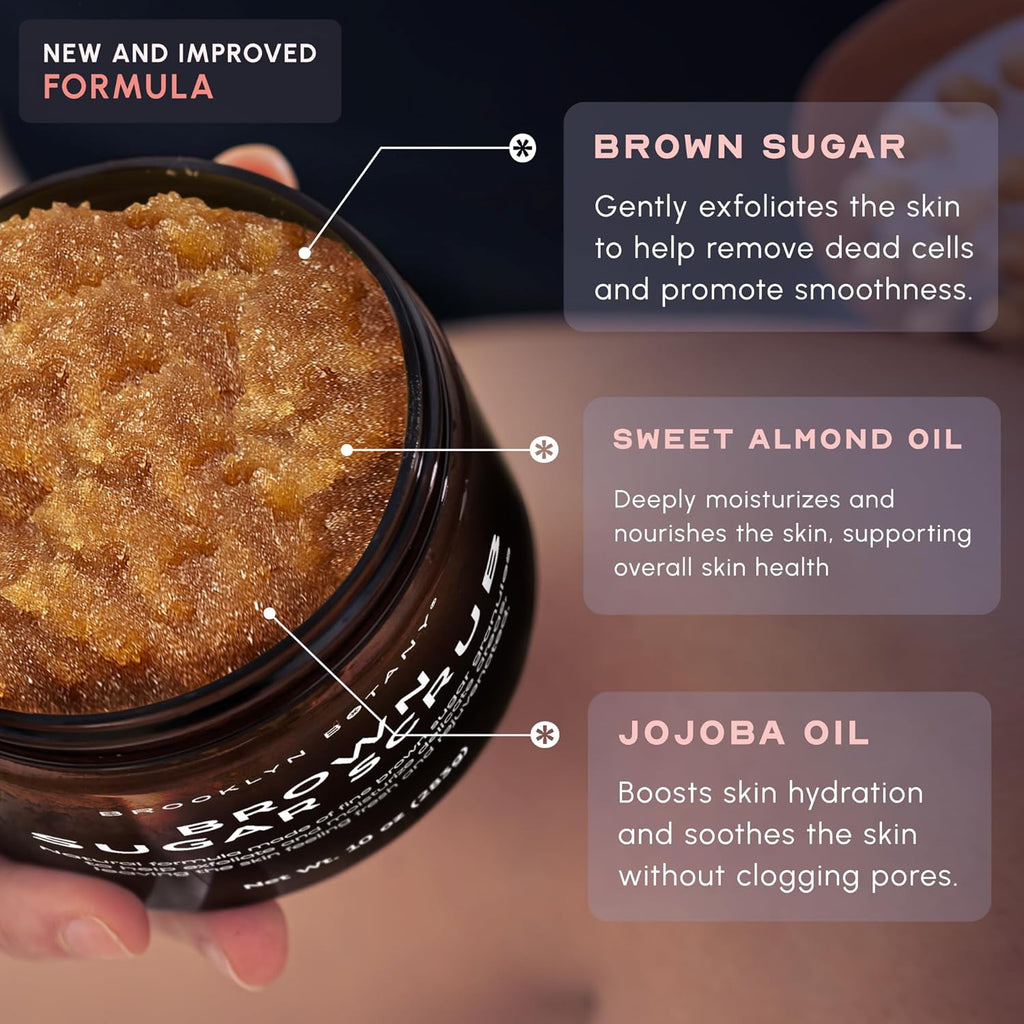 Brooklyn Botany Brown Sugar Body Scrub - Moisturizing and Exfoliating Body, Face, Hand, Foot Scrub - Fights Acne, Fine Lines & Wrinkles, Great Gifts For Women & Men - 10 oz